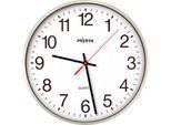 PEWETA Quarzwanduhr mit geräuschlosem Uhrwerk Ø 250 mm, silberfarbenes Kunststoffgehäuse, 1,5 V Batteriebetrieb