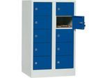 Schließfachschrank, Stahlbl., Türanschl. rechts, Zylinderschloss, 10 Fächer, B 600 x H 965 mm, l.grau RAL 7035/e.blau RAL 5010
