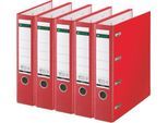 LEITZ® Doppelordner 1012, 2 x A5, Rückenbreite 75 mm, Präzisions-Hebelmechanik, Sichttasche für Rückenschild, Griffloch, Polypropylen, rot, 5 Stück