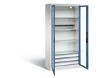 C+P Akkuladeschrank Basic mit Sichtfenster aus Acrylglas und Schubladenblock, H 1950 x B 930 x T 500 mm, Lichtgrau/Lichtblau