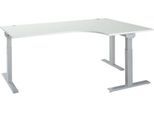 Schäfer Shop Select Winkelschreibtisch ERGO-T 2.0, 90° Winkel, Ansatz rechts, T-Fuß, B 2000 x T 1200/800 x H 675-895 mm, lichtgrau/weißalu