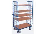 Etagenwagen, Stahl/MDF-Platte, Enzianblau/Buche-Dekor, 1 Etage, 1200 x 800 mm, 2 Stirnwände aus Drahtgitter, EasySTOP, bis 500 kg
