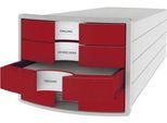 Schubladenbox HAN Impuls 2.0, 4 Schubladen, Format A4, stapelbar, geschlossen,grau/rot