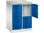 C+P Schließfachschrank Resisto, 2 Abteile, 4 Fächer, B 772 x T 640 x H 1077 mm, Lichtgrau/Enzianblau
