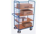 Drahtgitter-Etagenwagen, Stahl/MDF-Platte, Enzianblau/Buche-Dekor, 4 Etagen, 1175 x 800 mm, EasySTOP, bis 500 kg