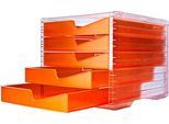 Schubladenbox styro® styroswing NEONline, 5 Schübe, Auszugsperre & Griffmulde, stapelbar, B 270 x T 340 x H 255 mm, Polystyrol, transparent-neonorange