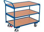 Schäfer Shop Select Tischwagen, leicht, Stahl/MDF-Platte, Enzianblau/Buche-Dekor, 3 Etagen, L 985 x B 605 mm, TPE-Rollen mit EasySTOP, bis 250 kg