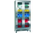 Edelstahl-Vitrinenschrank, 2-türig, 4 Einlegeböden, mit Füßen, B 1000 x T 500 x H 1950 mm