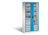 C+P Akkuladeschrank Comfort mit Sichtfenster aus Acrylglas und Schubladenblock, H 1950 x B 930 x T 500 mm, Lichtgrau/Lichtblau
