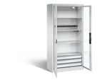 C+P Akkuladeschrank Basic mit Sichtfenster aus Acrylglas und Schubladenblock, H 1950 x B 930 x T 500 mm, Lichtgrau/Lichtblau