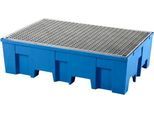 Auffangwanne, für 2 Fässer à 200 l, unterfahrbar, B 865 x T 1245 x H 350 mm, mit verzinktem Gitterrost, Polyethylen, blau