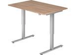Schreibtisch ULM, elektrisch höhenverstellbar, Rechteck, T-Fuß, B 1200 x T 800 x H 720-1190 mm, Nussbaum/alusilber + Kabelwanne