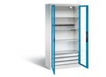 C+P Akkuladeschrank Basic mit Sichtfenster aus Acrylglas und Schubladenblock, H 1950 x B 930 x T 500 mm, Lichtgrau/Lichtblau