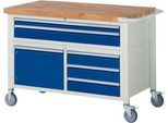 Werkbank Serie 8922, fahrbar, 5 Schubladen, 2 Fachböden mit Tür, B 1250 x T 700 x H 880 mm