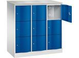 C+P Schließfachschrank Resisto, 3 Abteile, 9 Fächer, B 1148 x T 540 x H 1255 mm, Lichtgrau/Enzianblau