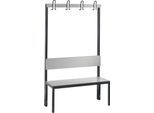 Garderobenbank Basic Plus, 1-seitig, Rückenlehne, ohne Schuhrost, Fußgestell schwarzgrau RAL 7021, B 1000 mm, Dekor silbergrau