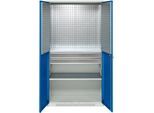 Schäfer Shop Genius Materialschrank FS, 5 OH, abschließbar, Lochrasterwände/2 Schübe/2 Fachböden, bis 450 kg, B 1055 x T 520 x H 1950 mm, lichtgrau/enzianblau + Gratis Einsatzkastenset-24 tlg.