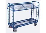 Etagenwagen, Stahl/Drahtgitter, Enzianblau, 2 Etagen, 1650 x 650 mm, Stirnwände mit Rundstahlverstrebung, EasySTOP, bis 400 kg