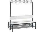 Garderobenbank Basic Plus, 2-seitig, Rückenlehne, mit Schuhrost, Fußgestell schwarzgrau RAL 7021, B 1500 mm, Dekor weiß