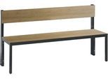 Sitzbank Basic Plus, 1-seitig, Rückenlehne, ohne Schuhrost, 4-Fußgestell schwarzgrau RAL 7021, B 1500 mm, Dekor Eiche Ser.