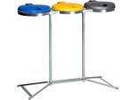 Dreifach-Abfallsammler VAR INDUSTRY Standard, je 120 l, Stahl, KS-Deckel, blau/gelb/grau