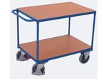 Schwerer Tischwagen, Stahl/MDF-Platte, Enzianblau/Buche-Dekor, 2 Etagen, L 850 x B 500 mm, TPE-Rollen mit EasySTOP, bis 400 kg