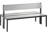 Sitzbank Basic Plus, 2-seitig, Rückenlehne, ohne Schuhrost, 4-Fußgestell schwarzgrau RAL 7021, B 1500 mm, Dekor Eiche Ser.