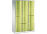 C+P Schließfachschrank Resisto, 3 Abteile, 12 Fächer, B 1148 x T 540 x H 1950 mm, Lichtgrau/Clowngrün