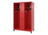 Feuerwehrspind C+P Evolo Maxi, 4 Abteile für 2 Personen, mit Helmhalter, mit Füßen, B 1300 x T 600 x H 1950 mm, RAL 3000 Feuerrot/RAL 7021 Schwarzgrau