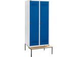 Schäfer Shop Genius Kleiderspind mit Sitzbank, 2 Abteile, 400 mm Abteilbreite, Sicherheitsdrehriegelverschluss, lichtgrau/enzianblau