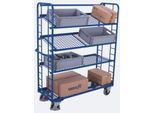 Etagenwagen, Stahl/Drahtgitter, Enzianblau, 4 Etagen, 1355 x 550 mm, Stirnwände mit Rundstahlverstrebung, EasySTOP, bis 250 kg