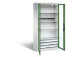 C+P Akkuladeschrank Basic mit Sichtfenster aus Acrylglas und Schubladenblock, H 1950 x B 930 x T 500 mm, Lichtgrau/Lichtblau