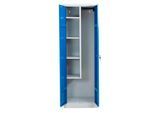 Putzmittelschrank, B 600 mm, 4 Böden, verkürzte Mitteltrennwand, abschließbar, enzianblau RAL 5010/l.grau RAL 7035