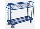 Etagenwagen, Stahl/Drahtgitter, Enzianblau, 2 Etagen, 1355 x 550 mm, Stirnwände mit Rundstahlverstrebung, EasySTOP, bis 250 kg