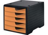 Schubladenbox styro® styroswing, 5 Schübe, Auszugsperre & Griffmulde, stapelbar, B 270 x T 340 x H 255 mm, Polystyrol, schwarz-apricot