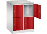 C+P Schließfachschrank Resisto, 2 Abteile, 4 Fächer, B 772 x T 640 x H 1077 mm, Lichtgrau/Rubinrot