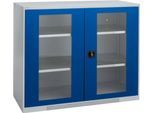 Schäfer Shop Genius Sichttürschrank FS, 3 OH, abschließbar, 2 Fachböden, bis 450 kg, B 1343 mm, Stahl, weißaluminium RAL 9006/enzianblau RAL 5010