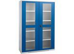 Schäfer Shop Genius Flügeltürenschrank FS, Stahl, Sichtfenster, Lüftungslöcher, B 1343 x T 620 x H 1950 mm, 5 OH, Weißalu/Enzianblau, bis 750 kg