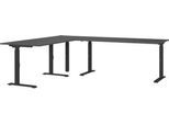 Eckschreibtisch Porto, mechanisch höheneinstellbar, C-Fuß, inkl. Ansatztisch mit Stützfuß, B 1200/1600 x T 2200 x H 680-910 mm, graphit/schwarz