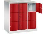 C+P Schließfachschrank Resisto, 3 Abteile, 9 Fächer, B 1148 x T 640 x H 1255 mm, Lichtgrau/Rubinrot
