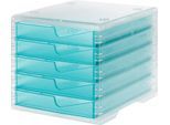 Schubladenbox styro® styroswing light, 5 Schübe, Auszugsperre & Griffmulde, stapelbar, B 270 x T 340 x H 255 mm, Polystyrol, transparent-aqua