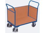 Dreiwandwagen, Stahl/MDF-Platte, Enzianblau/Buche-Dekor, L 1000 x B 575 mm, herausnehmbare Längswand, TPE-Rollen mit EasySTOP, bis 500 kg