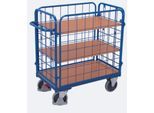 Drahtgitter-Etagenwagen, Stahl/MDF-Platte, Enzianblau/Buche-Dekor, 1 Etage, 1200 x 800 mm, einhängbare Längswände, EasySTOP, bis 500 kg
