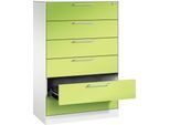 Karteikartenschrank, 3-bahnig DIN A5 quer, 6 Schübe mit Vollauszug & Bügelgriffen, Zentralverschluss, B 800 x T 435 x H 1298 mm, weiß/viridingrün