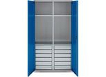 Schäfer Shop Genius Materialschrank FS, 5 OH, abschließbar, 4 Fachböden/12 Schübe, bis 450 kg, B 1055 x T 520 x H 1950 mm, Stahl, weißalu/enzianblau