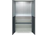 Schäfer Shop Genius Materialschrank FS, 5 OH, abschließbar, Lochrasterwände/2 Schübe/2 Fachböden, bis 450 kg, B 1055 x T 520 x H 1950 mm, lichtgrau/anthrazitgrau + Gratis Einsatzkastenset-24 tlg.