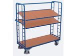 Etagenwagen, Stahl/MDF-Platte, Enzianblau/Buche-Dekor, 3 Etagen, 1355 x 550 mm, Stirnwände mit Rundstahlverstrebung, EasySTOP, bis 250 kg