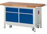 Werkbank Serie 8466, absenkbar, 2 Schubladen, 2 Türen, B 1500 x T 700 x H 880 mm