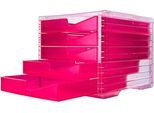 Schubladenbox styro® styroswing NEONline, 5 Schübe, Auszugsperre & Griffmulde, stapelbar, B 270 x T 340 x H 255 mm, Polystyrol, transparent-neonpink