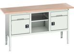 Kastenwerkbank Bott verso, Multiplex-Platte, 2 Schubladen, 1 Ablageboden, 2 Türen, B 1750 x T 600 x H 830 - 930 mm, Lichtgrau